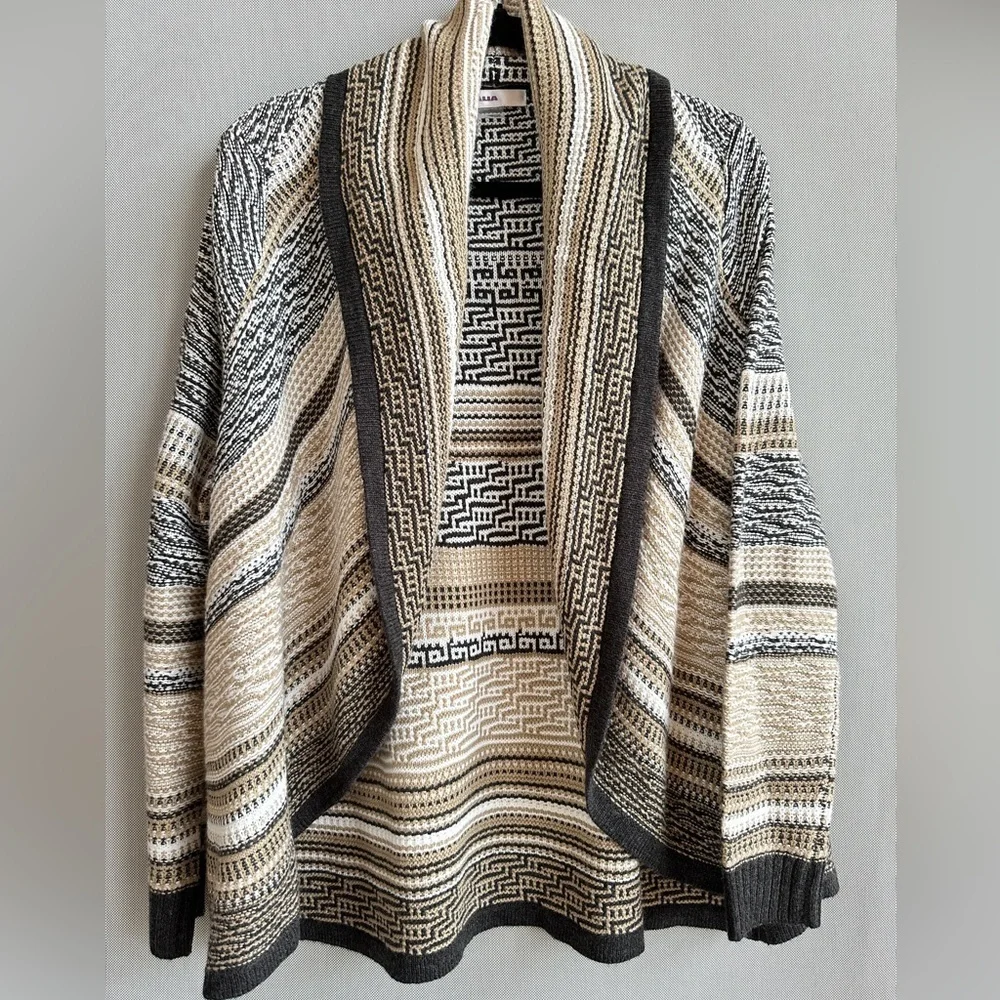 Alia | Tribal Print Neutral Open Front Knit Cardigan | Earth Tones Boho Drape - Picture 1 of 6